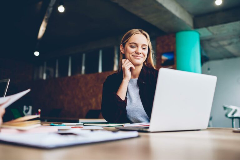 woman works on company blog