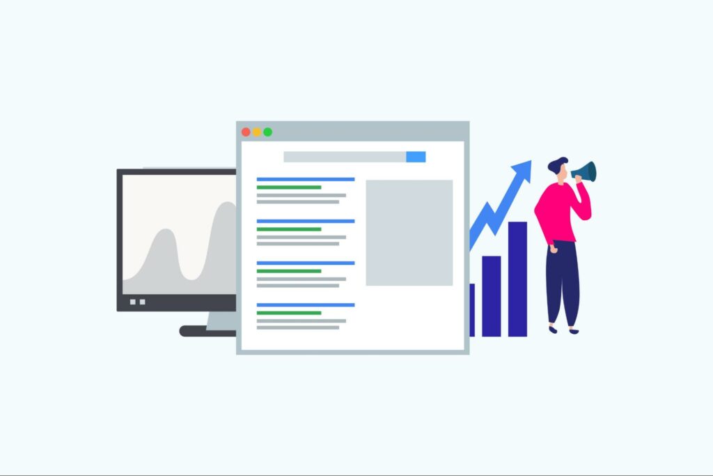 An illustrated graphic featuring a minimalistic depiction of search results, a generic computer monitor, and a graph reflecting growth. There is also a drawing of a woman speaking into a megaphone.