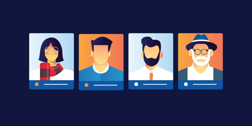 Four simple drawings of individuals without facial features. There is one woman, two adult men, and an older adult man depicted.