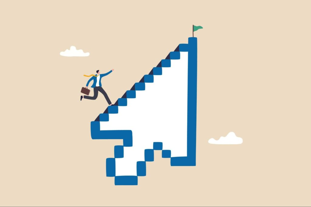 An illustration depicting a larger-than-life cursor icon with stairs on the upper edge, up which a man holding a briefcase is running toward a small green flag at the peak.