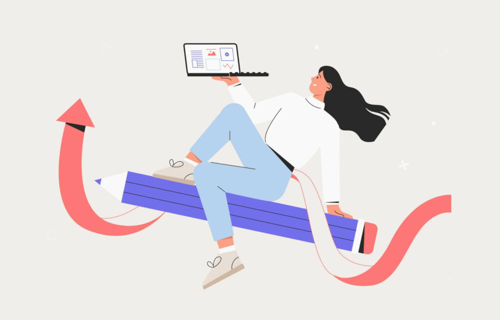 A graphic image of a woman sitting on a large pencil while holding a laptop, representing UX copywriting.