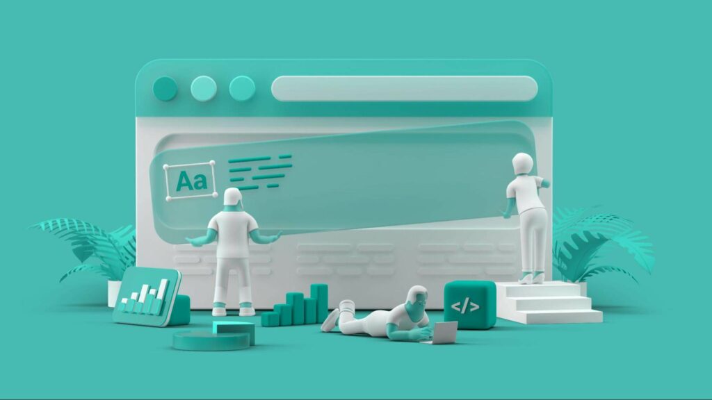 A green and white graphic depicting a 3D model of a website browser, upon which three small figures are laying out relevant elements, namely content blocks, for user experience. Note: Please make this image small and in line with the first paragraph rather than large and on its own line.
