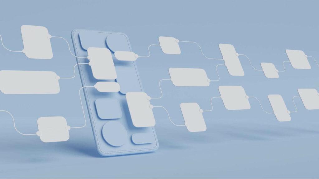 A blue graphic depicting UX copywriting layout on a monochrome mobile device with white bubbles representing different placements for design elements.