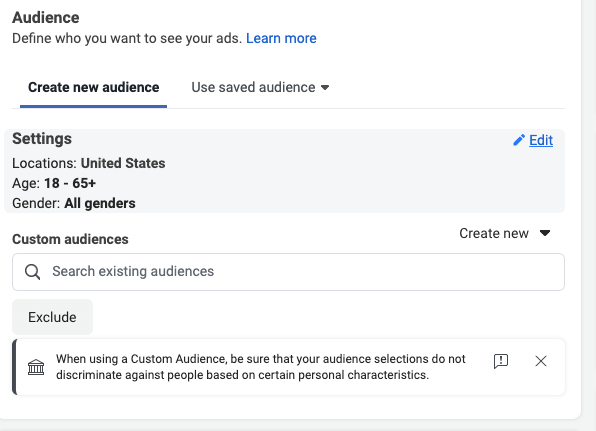 A screenshot of the option to choose your audience when running a Facebook recruitment campaign.