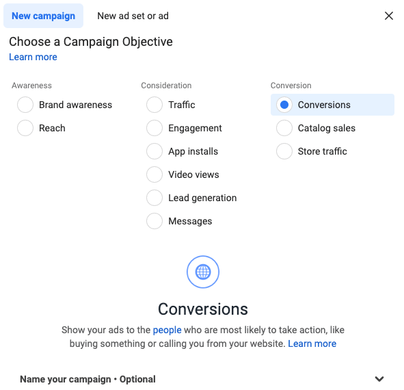 A screenshot of the option to choose a campaign objective when running a Facebook recruitment campaign.