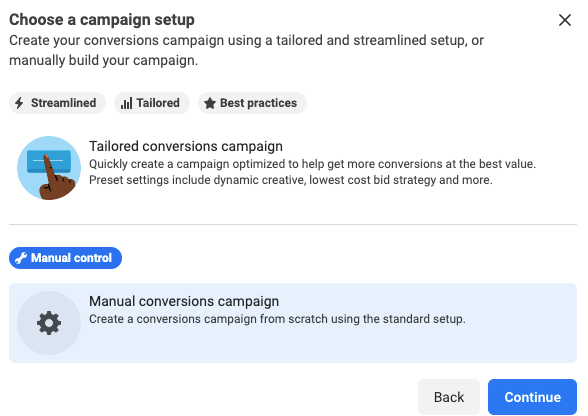 A screenshot displaying how to choose a campaign setup on Facebook