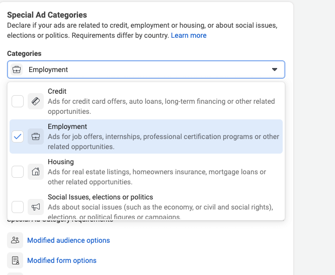 A screenshot of the option to choose ad categories when running a Facebook recruitment campaign.