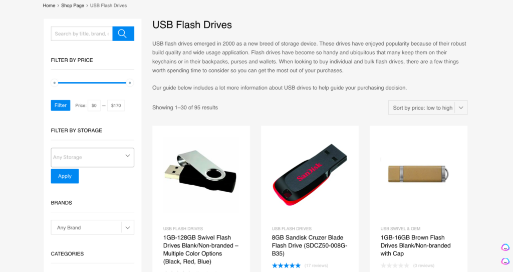 An example of a flash drive category page optimized for ecommerce SEO.