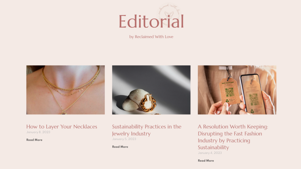 A screenshot of a jewelry website’s SEO ecommerce blog posts.
