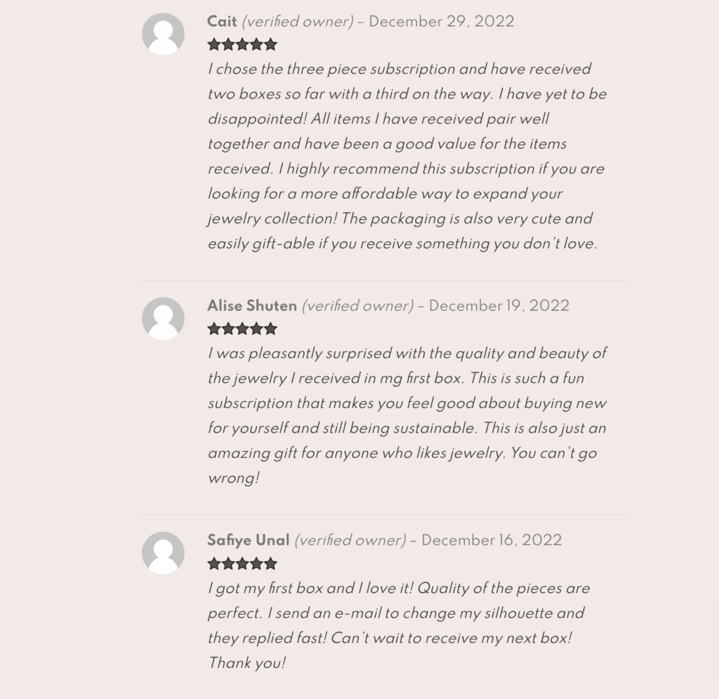 Ecommerce reviews on a jewelry website for SEO purposes.