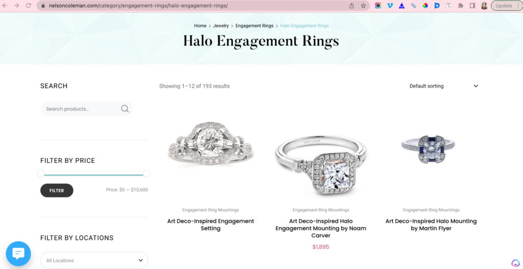 An example of an engagement ring category page ecommerce URL optimized for SEO.