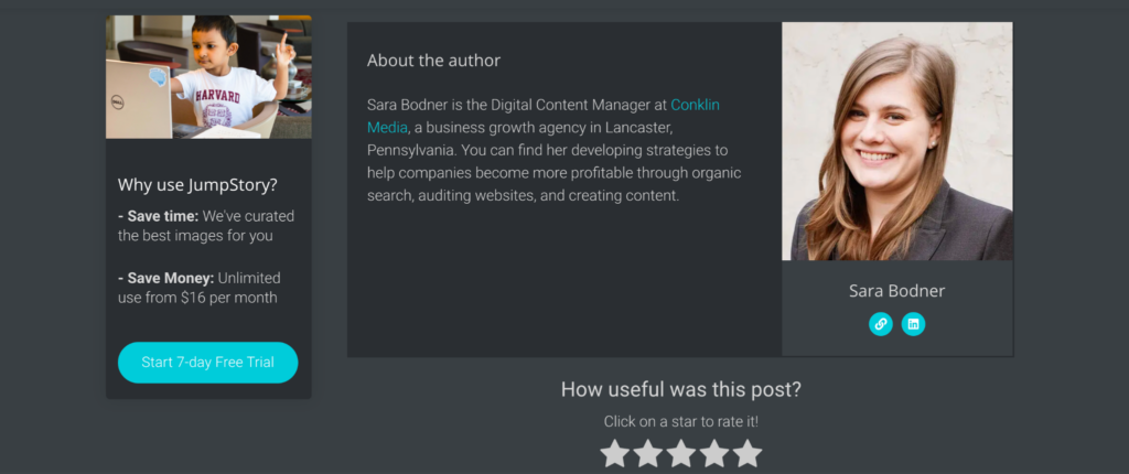 An example of a guest post author bio and backlink for SEO.