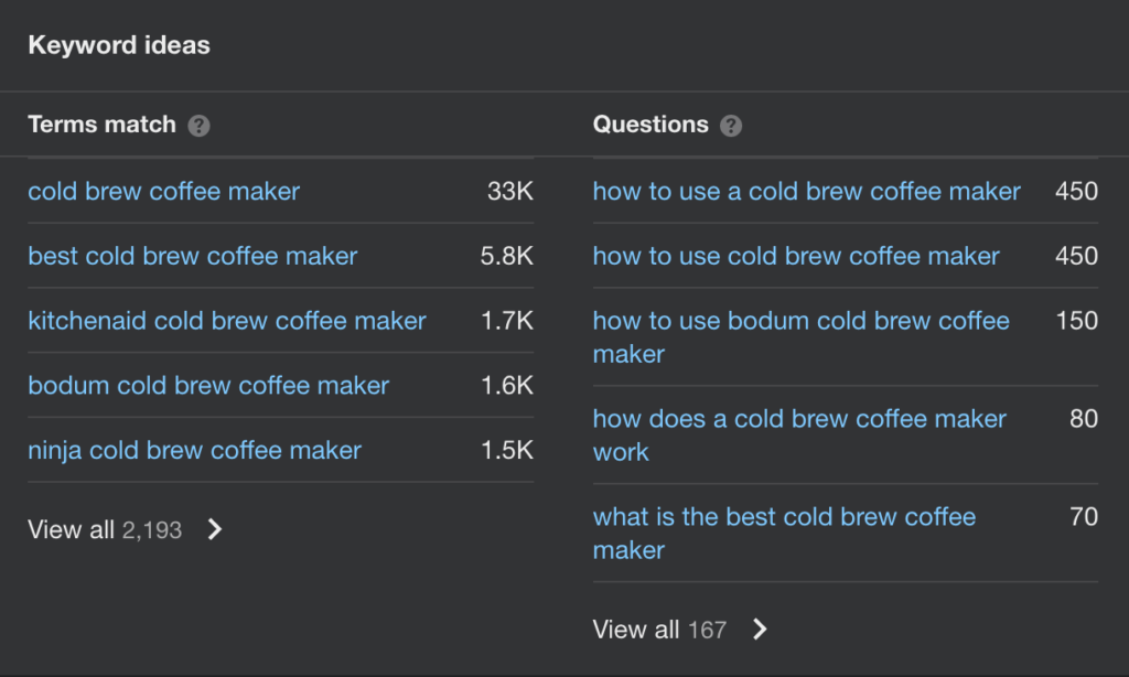 A screenshot of long tail keywords for the keyword cold brew coffee maker.