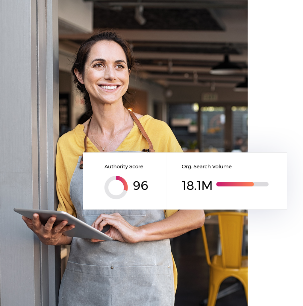 Woman achieving a high SEO authority score in digital marketing