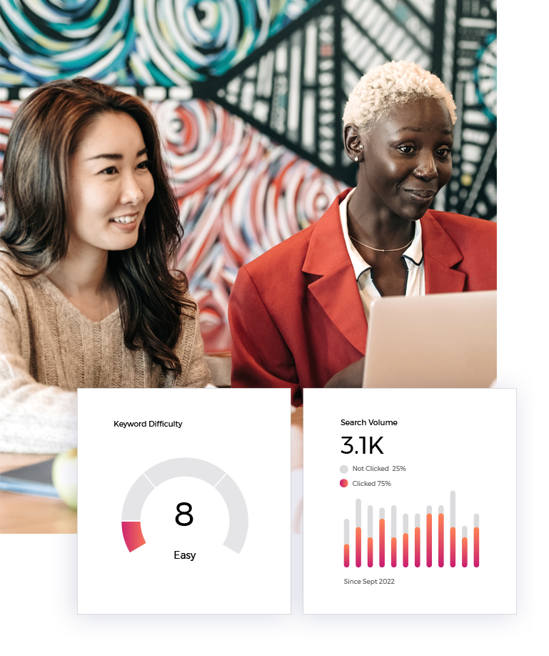 Women looking at ecommerce keyword difficulty and search volume