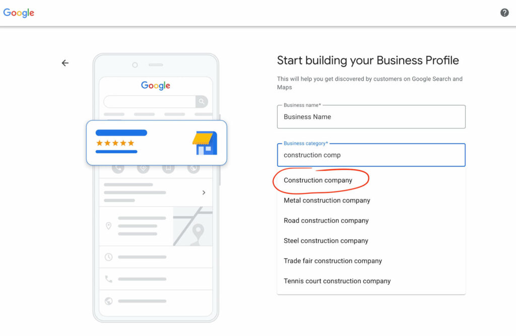 screenshot showing how to choose a Business Category