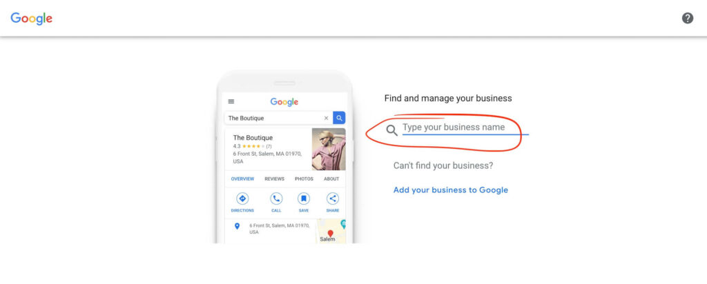 screenshot showing where to type in your business name when creating your Google My Business listing