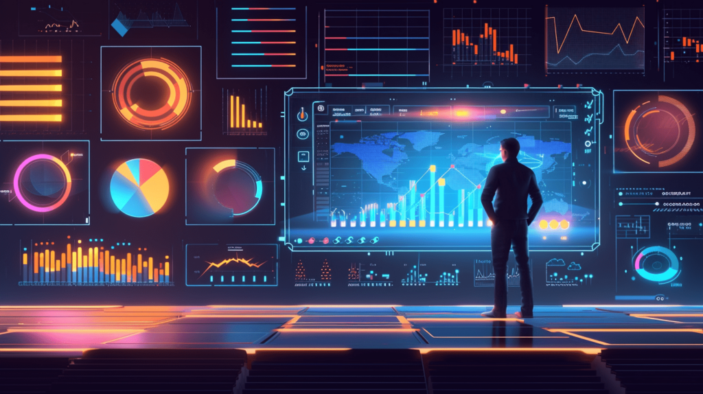 A futuristic dashboard with numerous colorful charts, graphs, and data visualizations surrounding a central world map display, with a person silhouette viewing the information.