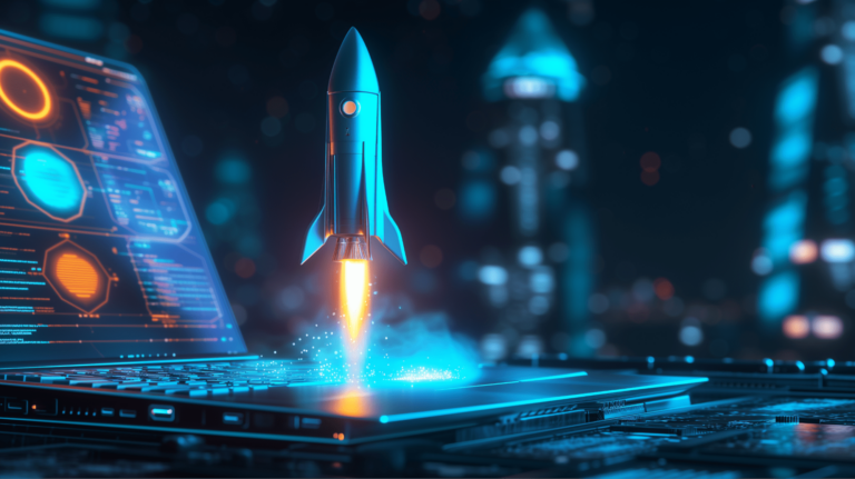 A stylized rocket launching from a laptop screen, surrounded by glowing interfaces and digital effects, symbolizing technological advancement or business growth.