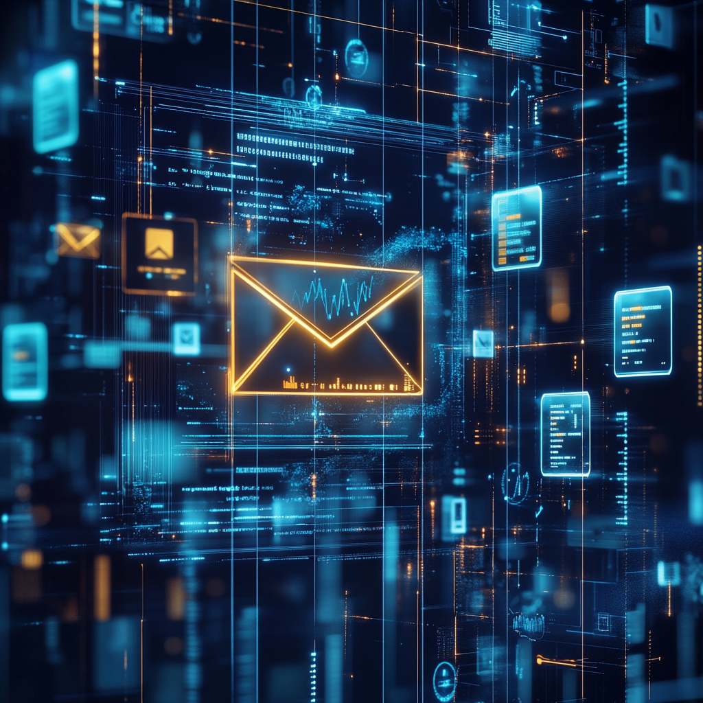 A futuristic composition of a glowing envelope transforming into digital data streams, featuring floating mobile devices and security shields, 3D visualization of market growth charts from $1.8B to $3.4B, deep navy and electric blue color scheme with accent gold highlights, photorealistic render, gleaming metallic elements, holographic UI elements showing email analytics, subtle particle effects, depth of field focusing on the central envelope, corporate tech aesthetic